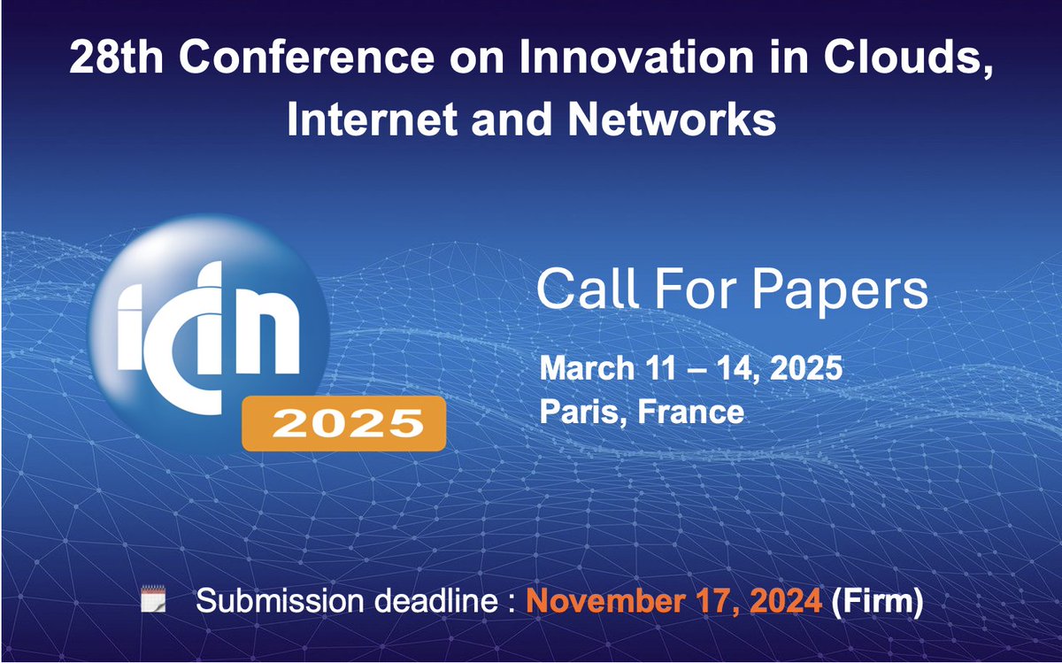 🚨 📣 Exciting news!! 
Submission deadline for 28th Conference on #Innovation in #Clouds, #Internet and #Networks // #ICIN2025 has been extended again!
🚀 ✨ Don't miss this new chance and submit your papers by 🗓️ November 17th! 
👉 icin-conference.org
<a href="/ComSoc/">IEEE ComSoc</a> <a href="/IEEEFrance/">IEEE France</a>