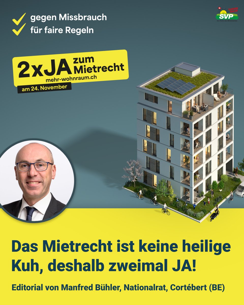 SVPch's tweet photo. Folgt man der Argumentation der linken und angeblich mieterfreundlichen Kreise, könnte man meinen, das Mietrecht sei eine heilige Kuh, die man nie antasten darf. Dem ist definitiv nicht so. Es besteht Handlungsbedarf und ein doppeltes JA am 24. November.
https://t.co/joEGFx7F3w https://t.co/Bnh6E4hQmX