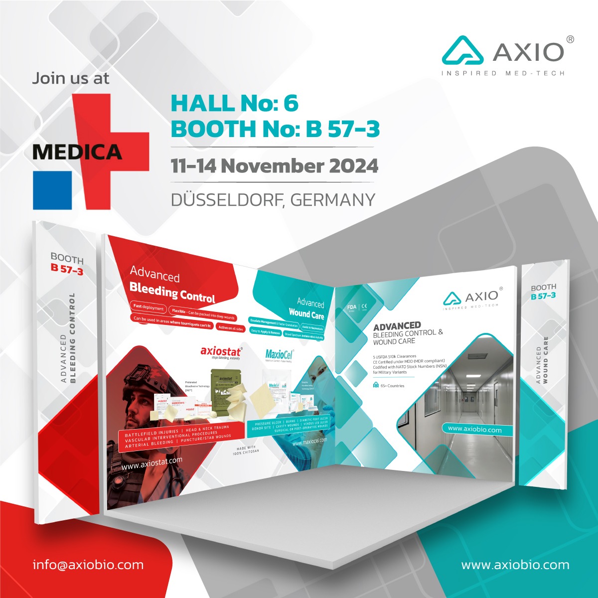axiobio's tweet photo. The countdown to #MEDICA2024 is on!
📅 November 11-14
📍 Hall 6, Booth B 57-3, Düsseldorf
Discover how #Axiostat & #MaxioCel are advancing bleeding control & wound care with innovative 100% chitosan technology.
Book a meeting with our team: https://t.co/pHmqGedVmF. https://t.co/olmX1sFPzr