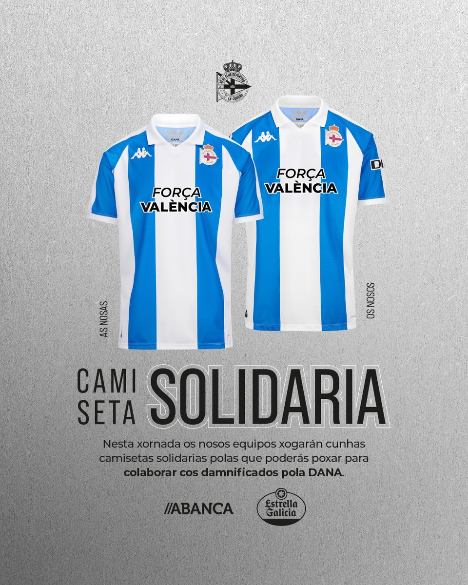 RCDeportivo's tweet photo. ➡️ O club mostrará a sua solidariedade cos damnificados pola DANA nas camisetas do #Dépor e @RCDeportivoFem desta xornada.

Grazas @SomosABANCA e @estrellagalicia! 💙

ℹ️ https://t.co/wTQWFN6udt https://t.co/gtLc8RREs4