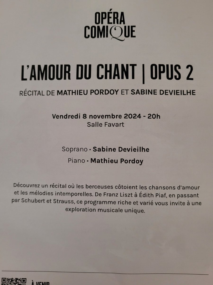 SophieBourdais's tweet photo. Magnifique récital de @DevieilheSabine et #MathieuPordoy, formidables complices 🤩 
Programme riche et cohérent, avec 3 bis généreux, dont un air de Lakmé en hommage à #JodieDevos. Seul petit regret, l'absence d'accès aux textes. https://t.co/K7CMfvZSUG