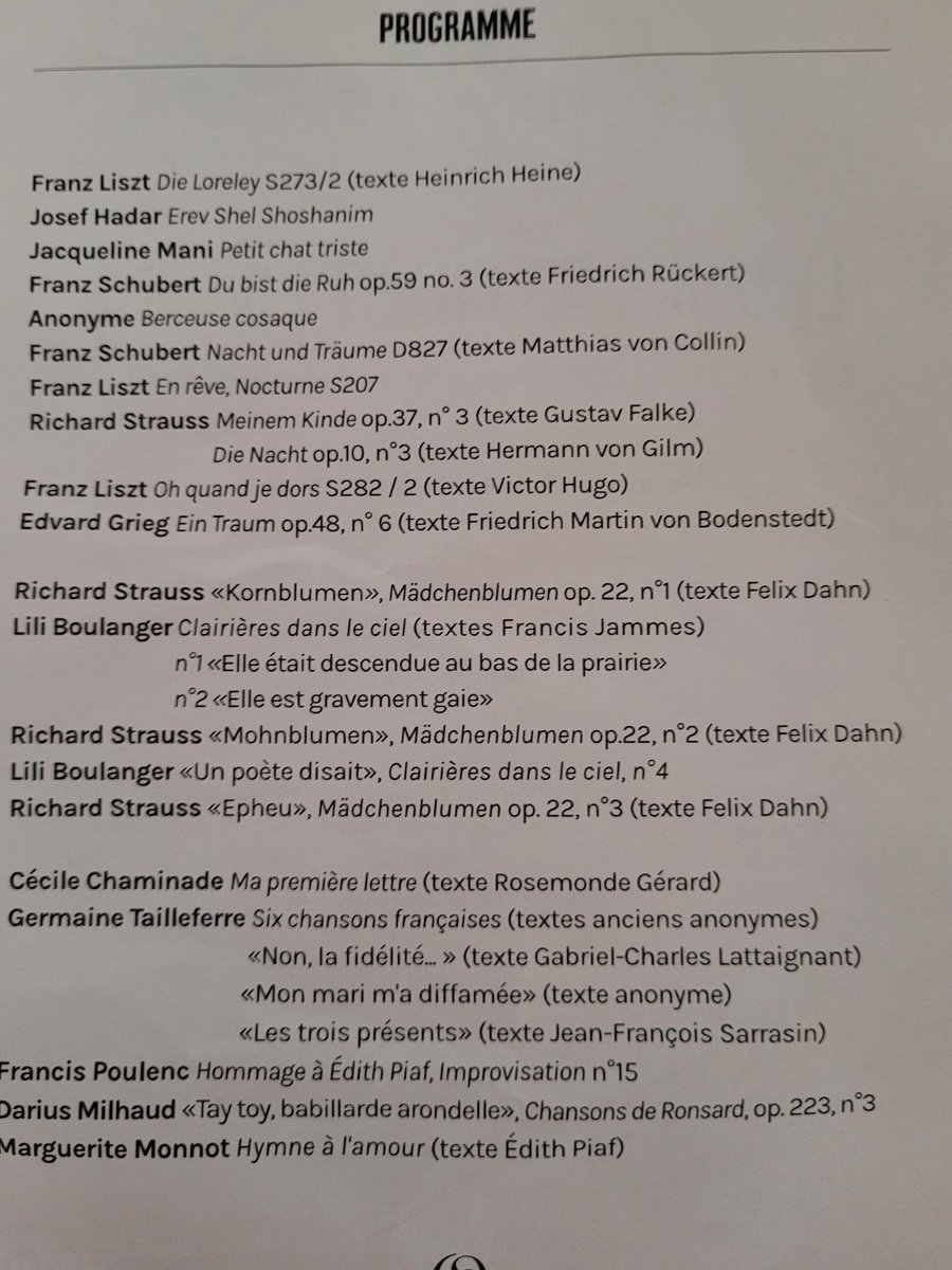 SophieBourdais's tweet photo. Magnifique récital de @DevieilheSabine et #MathieuPordoy, formidables complices 🤩 
Programme riche et cohérent, avec 3 bis généreux, dont un air de Lakmé en hommage à #JodieDevos. Seul petit regret, l'absence d'accès aux textes. https://t.co/K7CMfvZSUG