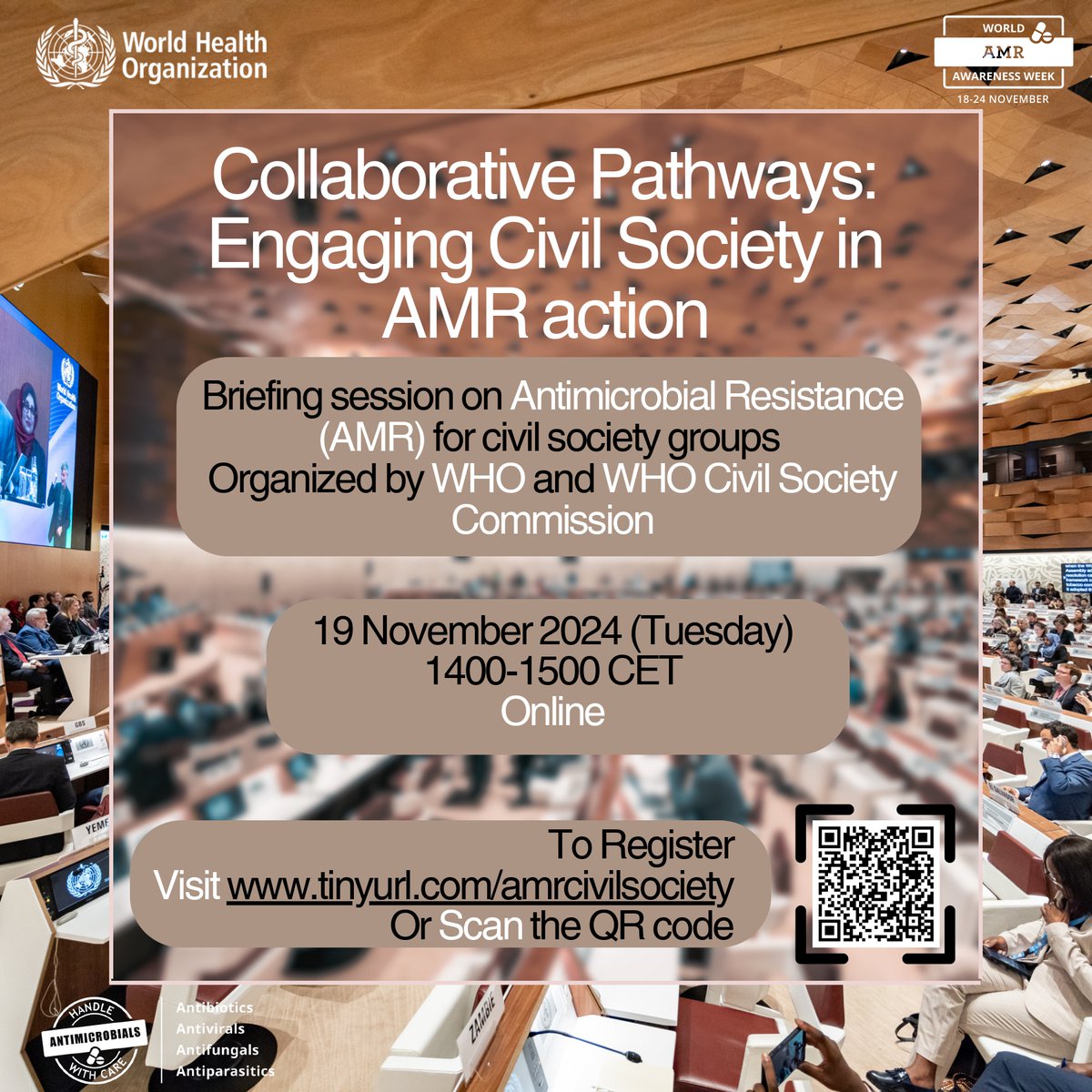 Are you a part of a civil society organization or network? Then, join the WHO Civil Society Commission for a critical briefing on #AntimicrobialResistance (AMR) during #WAAW

To register: who.zoom.us/meeting/regist…