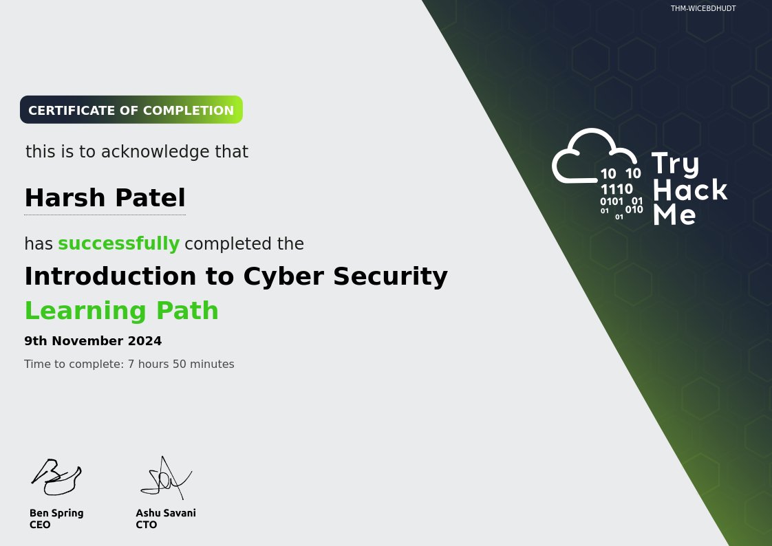 Harshp__here's tweet photo. I am happy to share with you that I've completed my certification "Introduction to Cyber Security" of @tryhackme .

#CyberSec #Security #Hacking https://t.co/9oPZbbkSQA