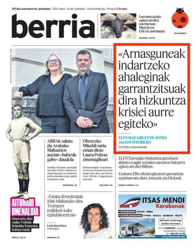 EUROLANG's tweet photo. “Language rights are human rights” #ELEN2024 on the front page of @berria the main newspaper in Euskara in the Basque Country. https://t.co/In1xxaORyt