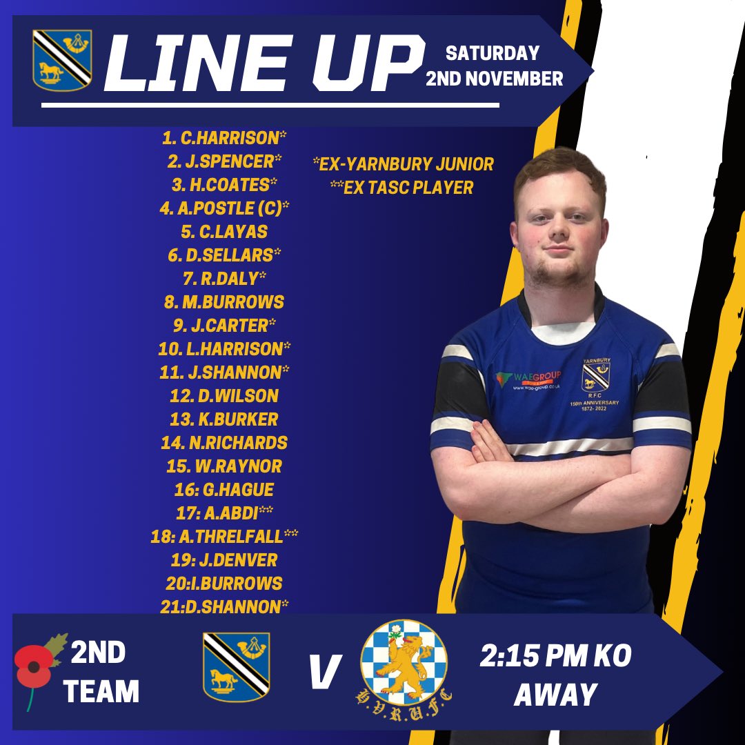 YarnburyRFC's tweet photo. 🔵⚫️⚪️Todays Senior Men Squads 
🏉1st team face @HxVandalsRUFC 3pm kick off at home 
🏉2nd team face @HxVandalsRUFC 2:15 kick off away 
💙Remembrance Service starts at 1:30 
🏴󠁧󠁢󠁥󠁮󠁧󠁿v🇦🇺 is on the big screen 
#yarnbury #oneclub #yorkshire #yarnburyarmy #rugby https://t.co/T9r0xRsWQ8