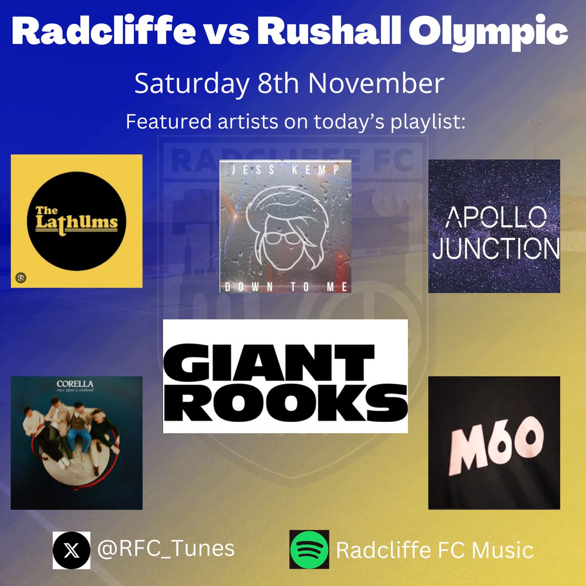 Radcliffe FC Music (@rfc_tunes) on Twitter photo Featured artists on the playlist as <a href="/radcliffeboro/">Radcliffe FC</a> take on <a href="/ROFCOfficial/">Rushall Olympic FC</a> at The Neuven in the <a href="/TheVanaramaNL/">The National League</a> North this afternoon
⚽️🎸🔵🟡
#WeAreRadcliffe #UTB Featured artists on the playlist as <a href="/radcliffeboro/">Radcliffe FC</a> take on <a href="/ROFCOfficial/">Rushall Olympic FC</a> at The Neuven in the <a href="/TheVanaramaNL/">The National League</a> North this afternoon
⚽️🎸🔵🟡
#WeAreRadcliffe #UTB