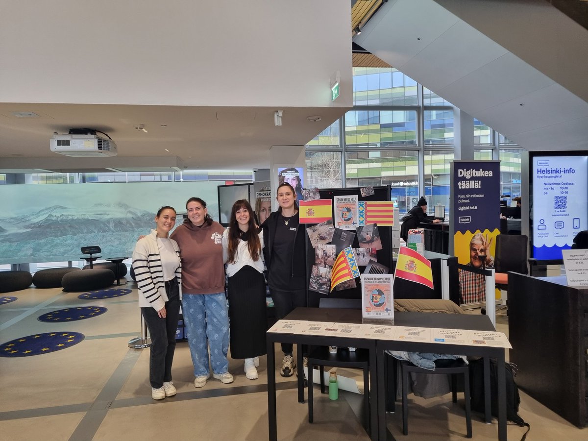 Private citizens' initiatives in support of those affected by the floods in Valencia also in 🇫🇮

Today in Oodi until 3pm information point on options of how &amp; where to help.

Kiitos paljon <a href="/EUkomissio/">EU-komissio Suomessa</a> <a href="/Europarl_FI/">Euroopan parlamentti Suomessa 🇪🇺🇫🇮</a> 🇪🇦🤝🇫🇮🇪🇺