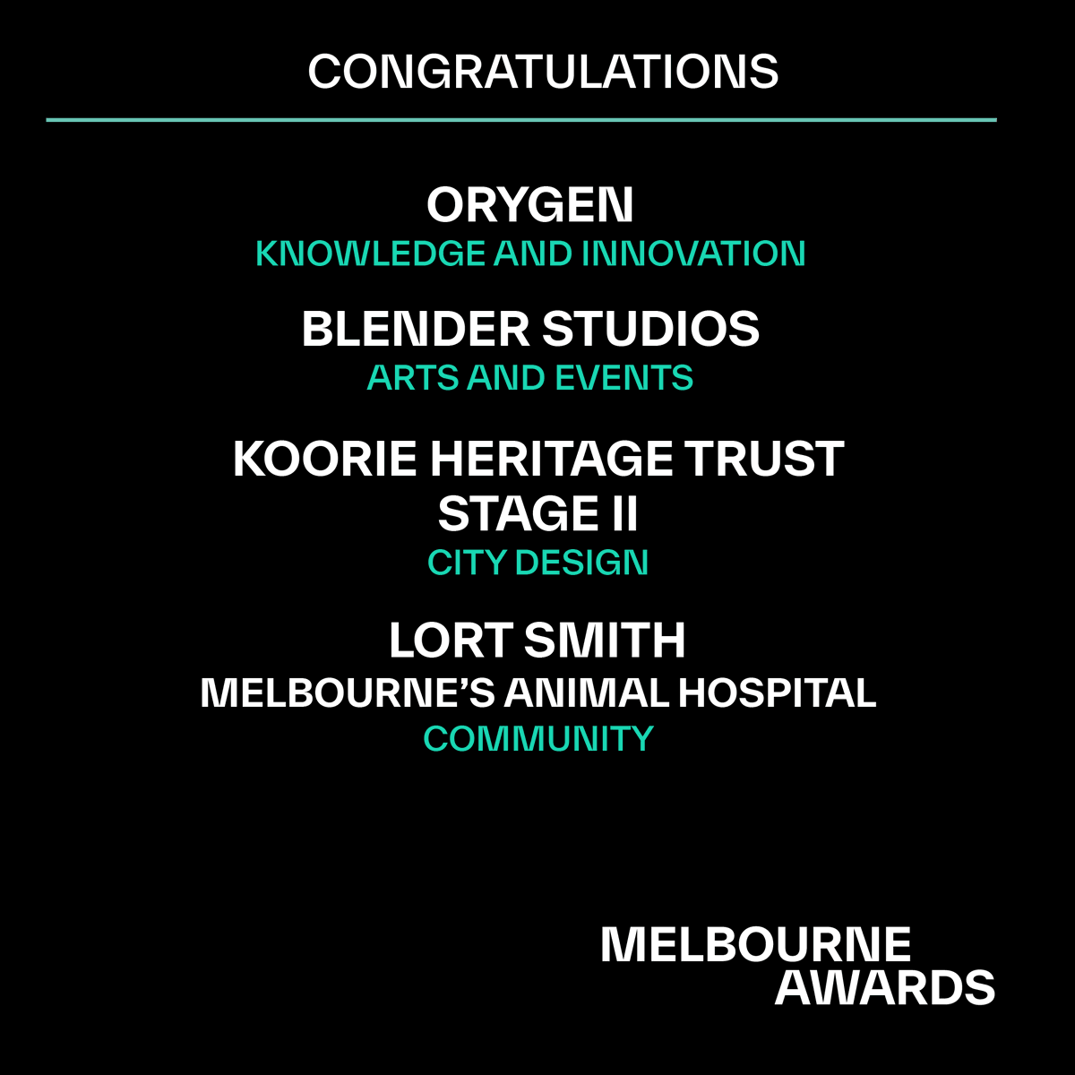 Let’s give it up for the next group of #MelbourneAwards winners!

💡 Knowledge and Innovation – @orygenaus
🎭 Arts and Events – Blender Studios
🏙️ City Design – <a href="/LyonsArch/">Lyons - Architecture</a>
👥 Community – <a href="/LortSmith/">lortsmith</a>

Please join us in celebrating these incredible winners 🏆