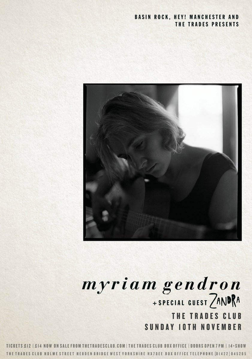 ON SUNDAY: We team up with <a href="/BasinRockRecs/">Basin Rock</a>  and <a href="/thetradesclub/">The Trades Club</a> to welcome Montreal's #MyriamGendron to the Trades Club - with special guest #Zandra. Read more and book now: heymanchester.com/myriam-gendron
