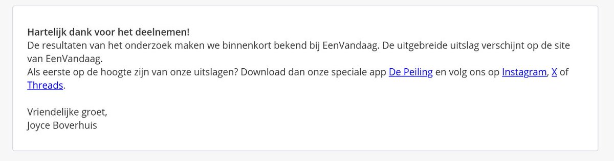 Hi <a href="/Opiniepanel/">EenVandaag Opiniepanel</a>,
Waarom zijn jullie, als uit publieke middelen betaald platform, niet actief op #Mastodon? Een platform dat gebaseerd is op #publiekewaarden, en niet op surveillance, commercie en beïnvloeding door bedrijven?