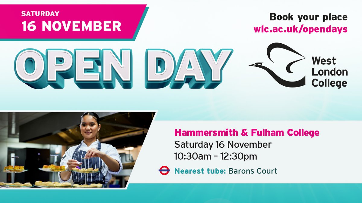 westlondoncol's tweet photo. Curious about life at WLC? Join us on Sat 16 November, for an Open Day at our Hammersmith &amp; Fulham campus. Explore our facilities, chat with students and staff, and see what we have to offer. Book your spot at: https://t.co/SyWm9H3cVi #London #OpenEvent https://t.co/B0AnLCqHB4