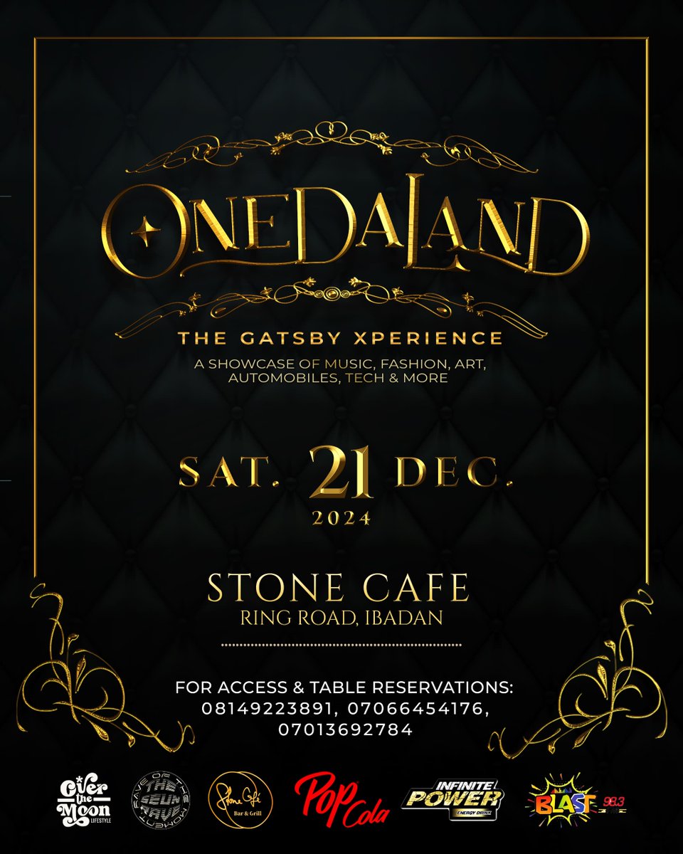 Seun_rave's tweet photo. You deserve a Golden December! ๐ ๐ฅ
Mark your calendar, ... Set your reminder, ... Plan up with your clique... #OneDaland1TGX is coming!
Saturday, 21st of Decemeber, 2024 at the prestigious @stonecafeibadan.
#OneDaLand #TheGreatGatsby #GatsbyParty #IbadanGatsby #experience https://t.co/uMRRhjlGUN