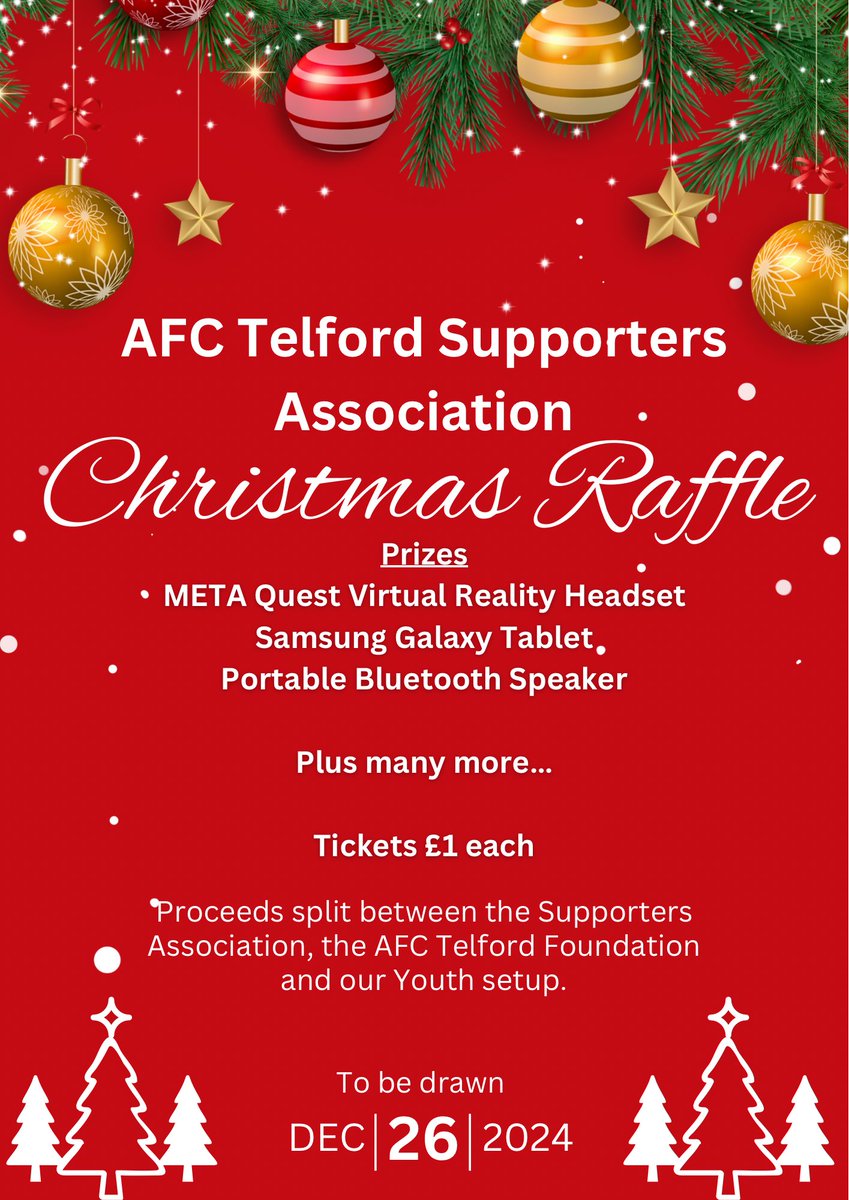We are delighted to launch our annual Christmas Raffle. 

We have some top prizes on offer and the prize list will continue to grow right up to the draw on the 26th December, following our game against Halesowen Town.