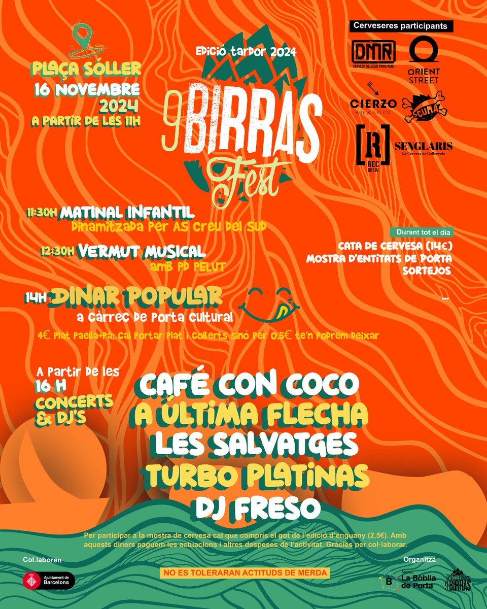 Ens veiem dissabte vinent per tornar a omplir la Sóller!!!

🍻 9 Birras Fest Edició tardor
🗓️ dissabte 16 de novembre de 2024
📍 Plaça Sóller (Nou Barris)
⏰ 11 a 23h
