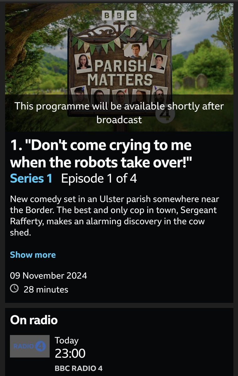 Surely the first sign of the apocalypse... Myself and Micks sitcom 'Parish Matters' starts tonight at 11pm <a href="/BBCRadio4/">BBC Radio 4</a> 

Thanks to <a href="/martinomy/">Keith Martin</a> for producing + <a href="/JuliaAMcKenzie/">Julia McKenzie</a> for commissioning 

And the great actors <a href="/peterjmcgann/">Peter McGann</a> <a href="/Ciara_Knight/">Ciara Knight</a> <a href="/MStranney/">Michael Stranney</a> <a href="/ourladyofFlan/">Mary Flanigan</a> <a href="/Hantmam/">Hannah Mamalis</a>