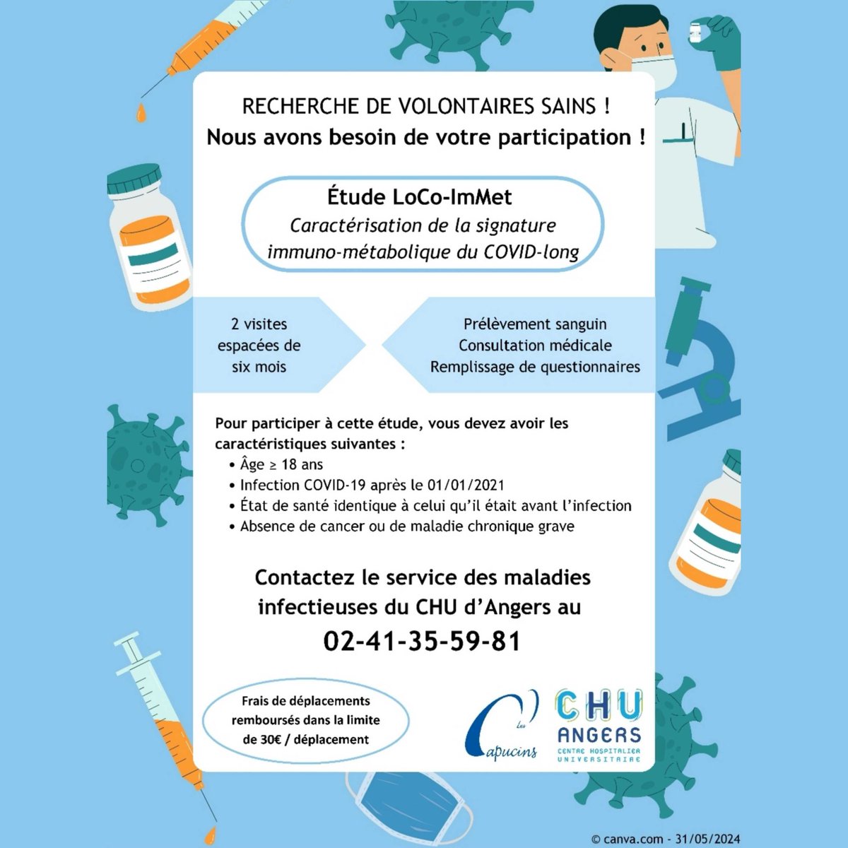 apresj20's tweet photo. 🔍 Recherche de volontaires sains pour une étude sur le #CovidLong !

👉Le service des maladies infectieuses du CHU d'Angers recherche des participants pour l'étude LoCo-ImMet, portant sur la caractérisation de la signature immuno-métabolique du Covid Long. https://t.co/3MxOt5Kgob