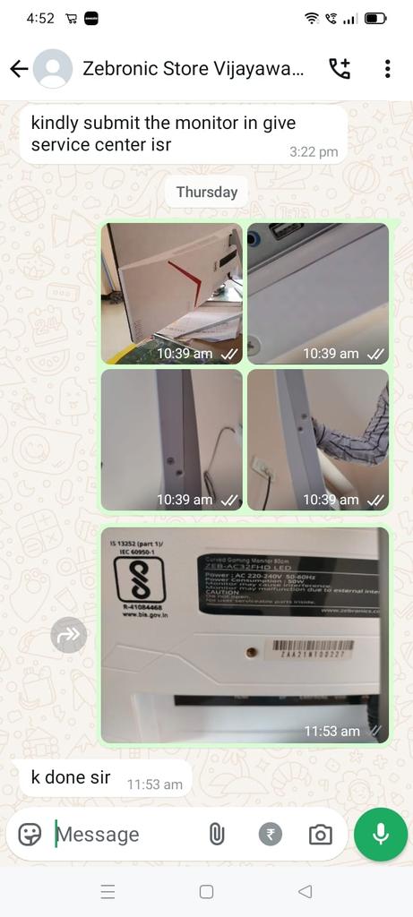 Ak21984458's tweet photo. @zebronics @zeb_techsupport    sir  mera led monitor ko last year December me liya tha 3yrs warranty mila hai. Unexpectedly screen band hogaya  sirf complaint lene ke liye 3days leliya abhi engineer ane ke liya aur three days fir koi major problem huwa tho aur kitana din lage ga https://t.co/ytr0DzvVfw