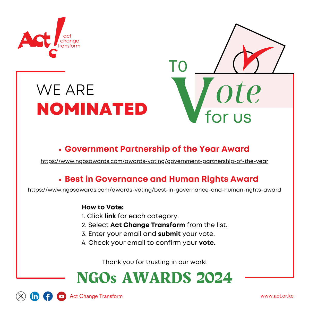 Act Change Transform (@tendasasa) on Twitter photo We are thrilled that <a href="/tendasasa/">Act Change Transform (Act!)</a> has been NOMINATED in the 2024 NGOs Awards.
We need your support to bring these awards home! Please vote NOW:
🏆 Government Partnership of the Year
ngosawards.com/awards-voting/…
🏅Best in Governance and Human Rights Award
ngosawards.com/awards-voting/… We are thrilled that <a href="/tendasasa/">Act Change Transform (Act!)</a> has been NOMINATED in the 2024 NGOs Awards.
We need your support to bring these awards home! Please vote NOW:
🏆 Government Partnership of the Year
ngosawards.com/awards-voting/…
🏅Best in Governance and Human Rights Award
ngosawards.com/awards-voting/…