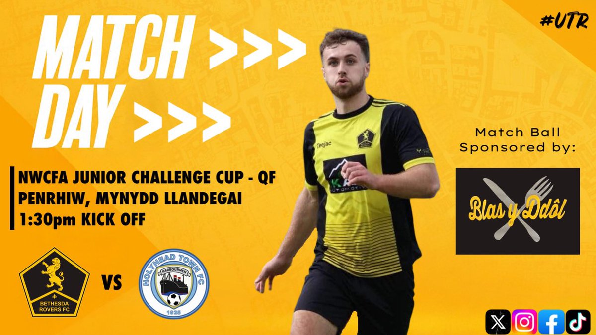 Bethesda Rovers FC (@bethesdarovers) on Twitter photo ๐ก ๐๐'๐ ๐๐ผ๐๐พ๐๐ฟ๐ผ๐! โซ๏ธ
๐| Holyhead Town FC (H)
๐| North Wales Coast - Junior Challenge Cup Quarter Final
๐| Saturday the 9th of November
โฐ| 1:30pm Kick Off
๐๏ธ| Penrhiw, Mynydd Llandegai, LL57 4LQ
๐๐ป| Come and Support the lads / Dewch i gefnogi'r hogiaโ
#UTR ๐ก ๐๐'๐ ๐๐ผ๐๐พ๐๐ฟ๐ผ๐! โซ๏ธ
๐| Holyhead Town FC (H)
๐| North Wales Coast - Junior Challenge Cup Quarter Final
๐| Saturday the 9th of November
โฐ| 1:30pm Kick Off
๐๏ธ| Penrhiw, Mynydd Llandegai, LL57 4LQ
๐๐ป| Come and Support the lads / Dewch i gefnogi'r hogiaโ
#UTR