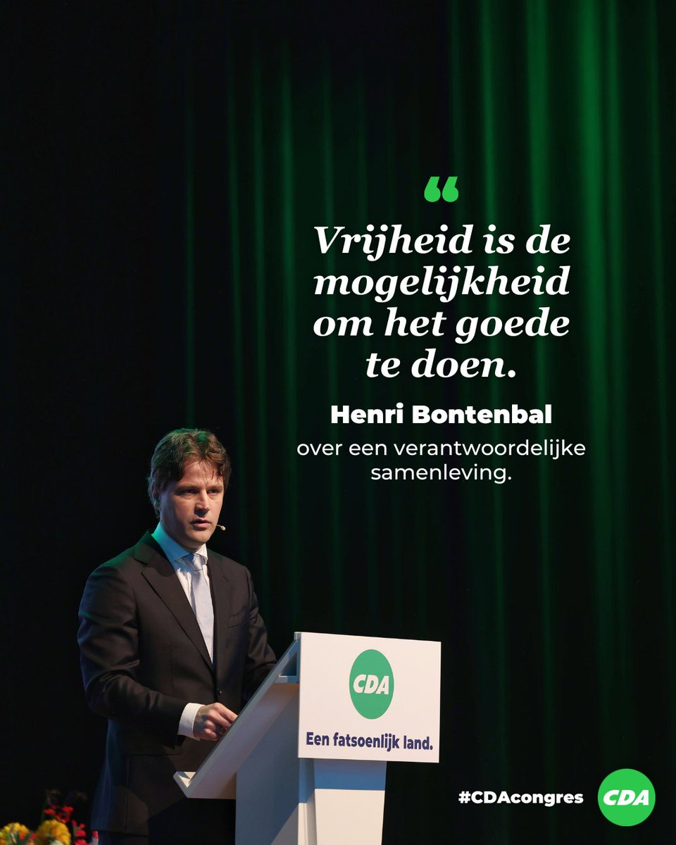 .<a href="/HenriBontenbal/">Henri Bontenbal</a> sprak het #CDAcongres toe:

"Vrijheid is veel meer dan het je ontdoen van belemmeringen.

Vrijheid is de mogelijkheid om het goede te doen, om iets goeds tot stand te brengen in je leven.

Voor jezelf, voor anderen, voor de wereld."