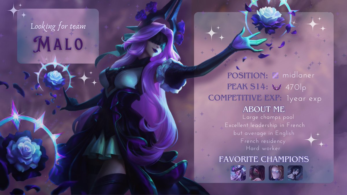 LFT Midlaner | Women &amp; Non-Binary team

🐉 Former midlaner for Metaleak Fireflies
🏆 2nd place at Summer Breakers LAN (W/NB Bracket)

Looking for a dedicated team to reach new heights! ✨
Contact me via DM or discord: malo7251 🔥

RTs 🔁 &amp; Likes ❤️ appreciated!