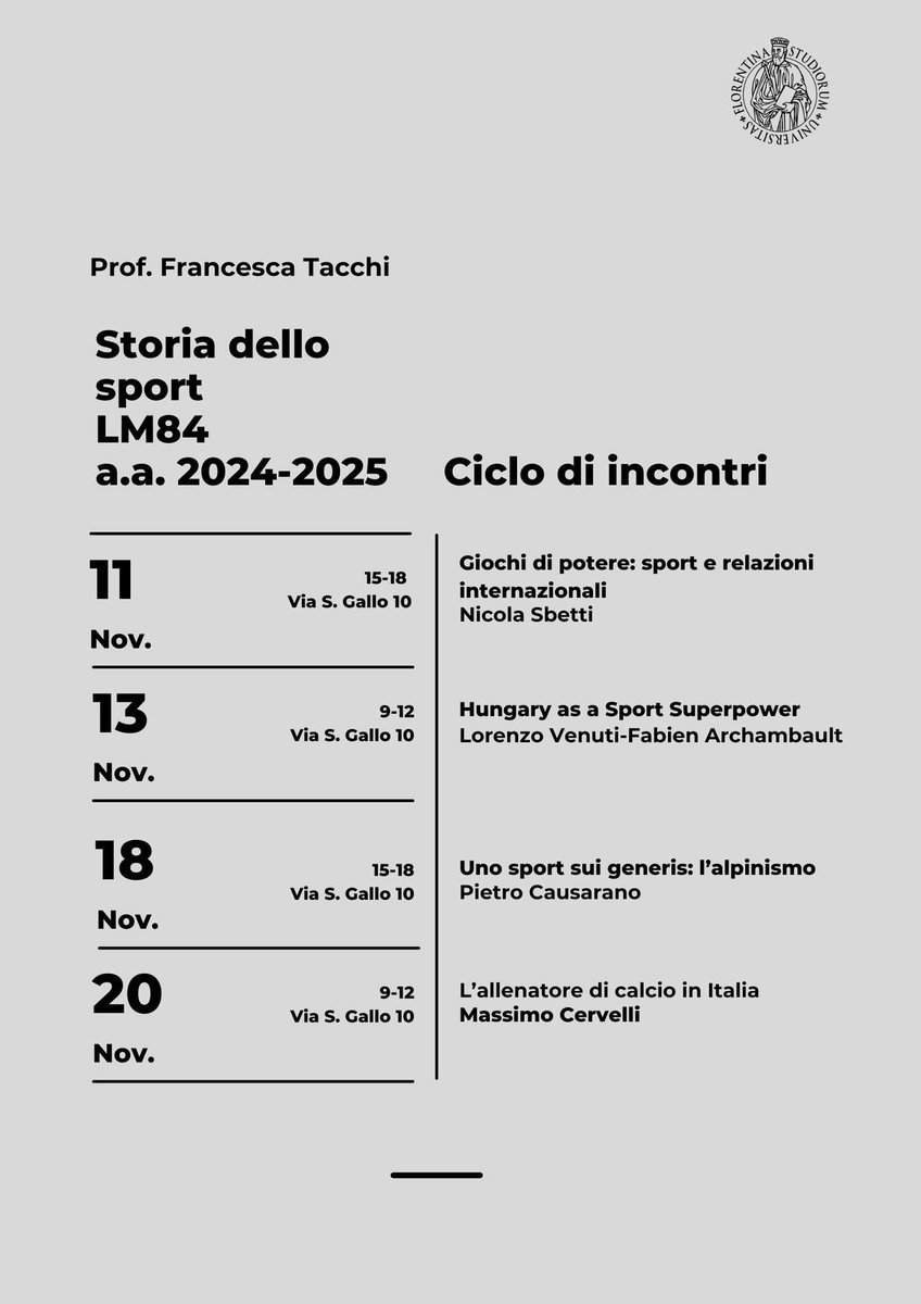 ➡️ Segnaliamo questa serie di interessanti incontri che si terranno, a partire da lunedì 11 novembre, all'interno del corso di Storia dello sport della prof. Francesca Tacchi dell'Università degli Studi di Firenze 👇