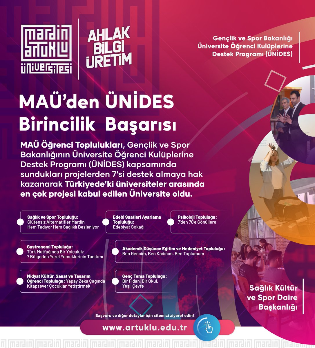 🌟💪 MAÜ’den ÜNİDES Birincilik Başarısı!

MAÜ Öğrenci Toplulukları, Gençlik ve Spor Bakanlığının Üniversite Öğrenci Kulüplerine Destek Programı (ÜNİDES) kapsamında sundukları projelerden 7’si destek almaya hak kazanarak Türkiyede’ki üniversiteler arasında en çok projesi kabul