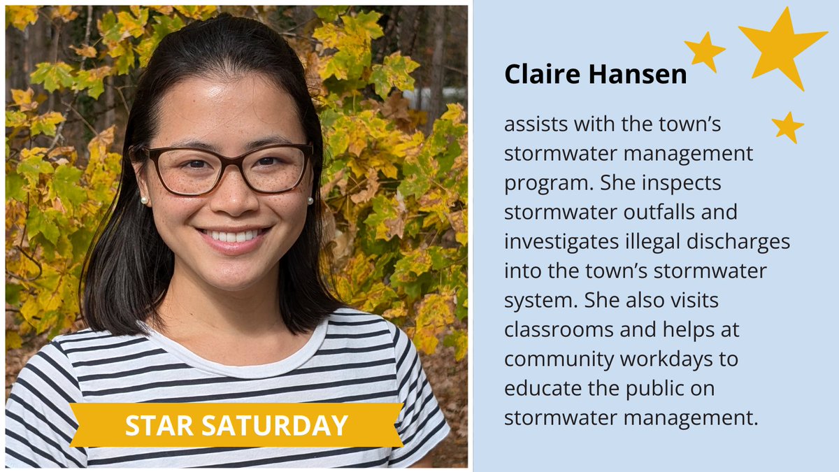 Our Star this Saturday is Stormwater Technician Claire Hansen! Claire helps protect the Eno River by making sure that only stormwater flows in stormwater drains and ditches. She also educates the public on stormwater management and helps with community stormwater projects.