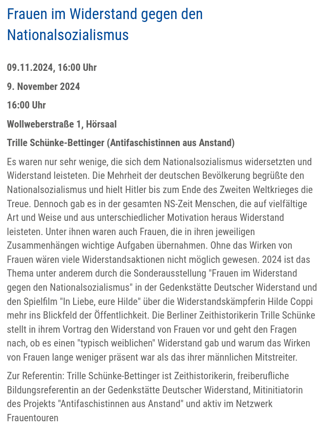 Frauen im Widerstand gegen den #Nationalsozialismus

09.11.2024, 16:00 Uhr (Teilnahme auch per Zoom)

<a href="/AFAausAnstand/">Antifaschistinnen aus Anstand</a> <a href="/Frauentouren/">Frauentouren</a> <a href="/GDW_Berlin/">Gedenkstätte Deutscher Widerstand</a> 

stud.uni-greifswald.de/kalender/detai…