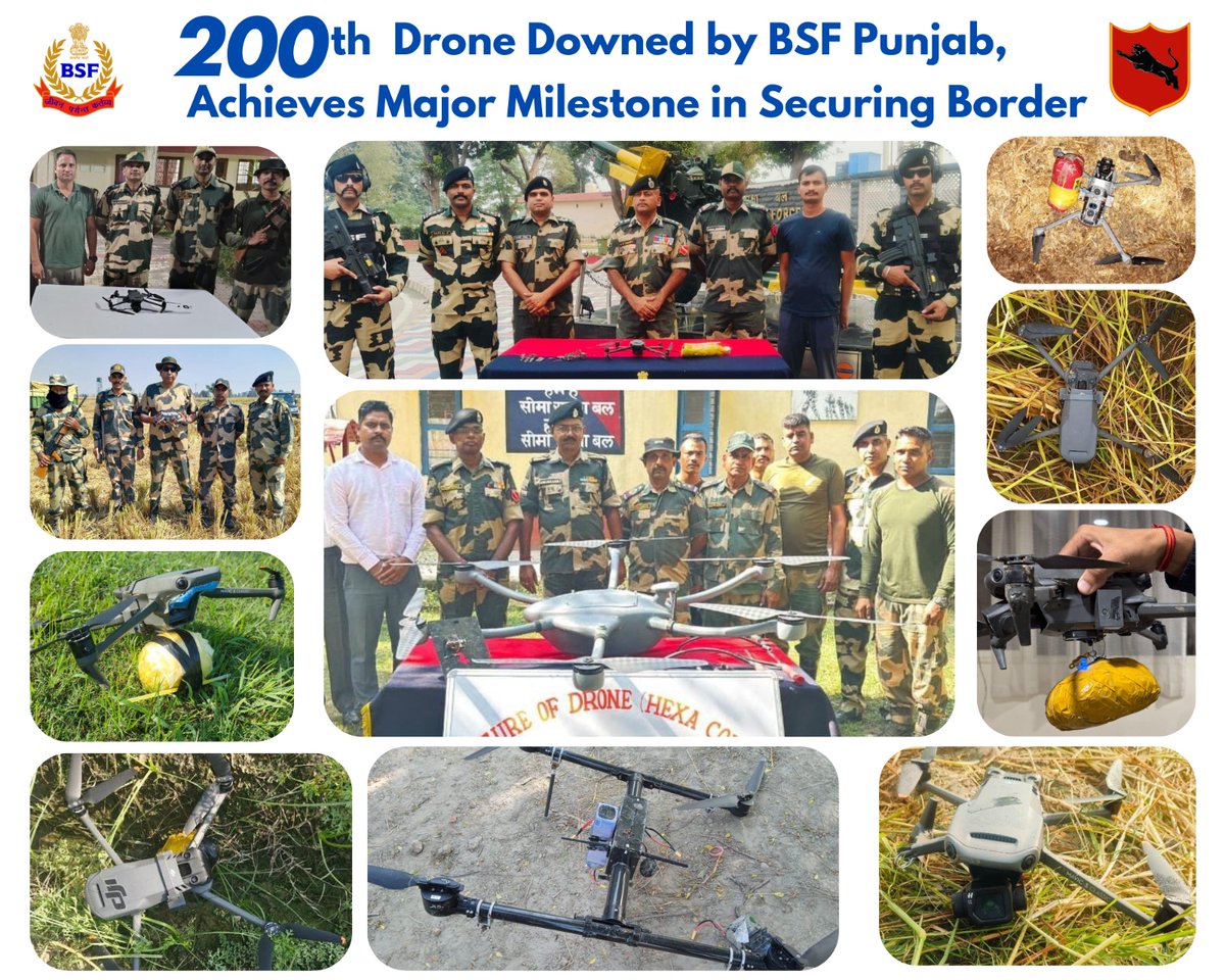 BSF_Punjab's tweet photo. 𝐁𝐒𝐅 𝐀𝐜𝐡𝐢𝐞𝐯𝐞𝐬 𝐌𝐚𝐣𝐨𝐫 𝐁𝐫𝐞𝐚𝐤𝐭𝐡𝐫𝐨𝐮𝐠𝐡: 𝐑𝐞𝐜𝐨𝐯𝐞𝐫𝐬 𝟐𝟎𝟎𝐭𝐡 𝐃𝐫𝐨𝐧𝐞 𝐨𝐧 𝐏𝐮𝐧𝐣𝐚𝐛 𝐁𝐨𝐫𝐝𝐞𝐫

Today, @BSF_Punjab has achieved a significant milestone in securing the nation’s borders by intercepting its 𝟐𝟎𝟎th 𝐏𝐚𝐤𝐢𝐬𝐭𝐚𝐧𝐢 𝐝𝐫𝐨𝐧𝐞 𝐢𝐧 𝐭𝐡𝐢𝐬 𝐲𝐞𝐚𝐫 𝐭𝐢𝐥𝐥 𝐝𝐚𝐭𝐞, compared to a total of 𝟏𝟎𝟕 𝐝𝐫𝐨𝐧𝐞𝐬 𝐧𝐞𝐮𝐭𝐫𝐚𝐥𝐢𝐳𝐞𝐝 𝐢𝐧 𝟐𝟎𝟐𝟑. These rogue drones, often used to smuggle weapons, drugs, and other contraband, pose serious security challenges to India’s sovereignty and efforts to counter cross-border threats. By relentlessly detecting and neutralizing drone incursions, the BSF has disrupted illegal activities and sent a powerful message of resilience and vigilance.

The #BSF has strengthened its control over illegal activities by enhancing vigilance along the borders, strategically deploying cutting-edge technology, and fostering close collaboration with border communities, local police, and other allied agencies.

This remarkable achievement underscores the BSF's steadfast commitment to safeguarding the peace and harmony of the nation. This accomplishment reflects the force's unwavering dedication to national security and highlights its crucial role in protecting the country's borders.

#AlertBSF 
#BSFProtectingPunjab 
#BSFDroneSlayers
#BSFAgainstDrugs

@BSF_India @HMOIndia @PMOIndia @DGPPunjabPolice 
@PunjabPoliceInd @PIBHomeAffairs @ANI @narcoticsbureau @MIB_India @FinMinIndia
@AmritsarRPolice @TarnTaranPolice @PP_Gurdaspur