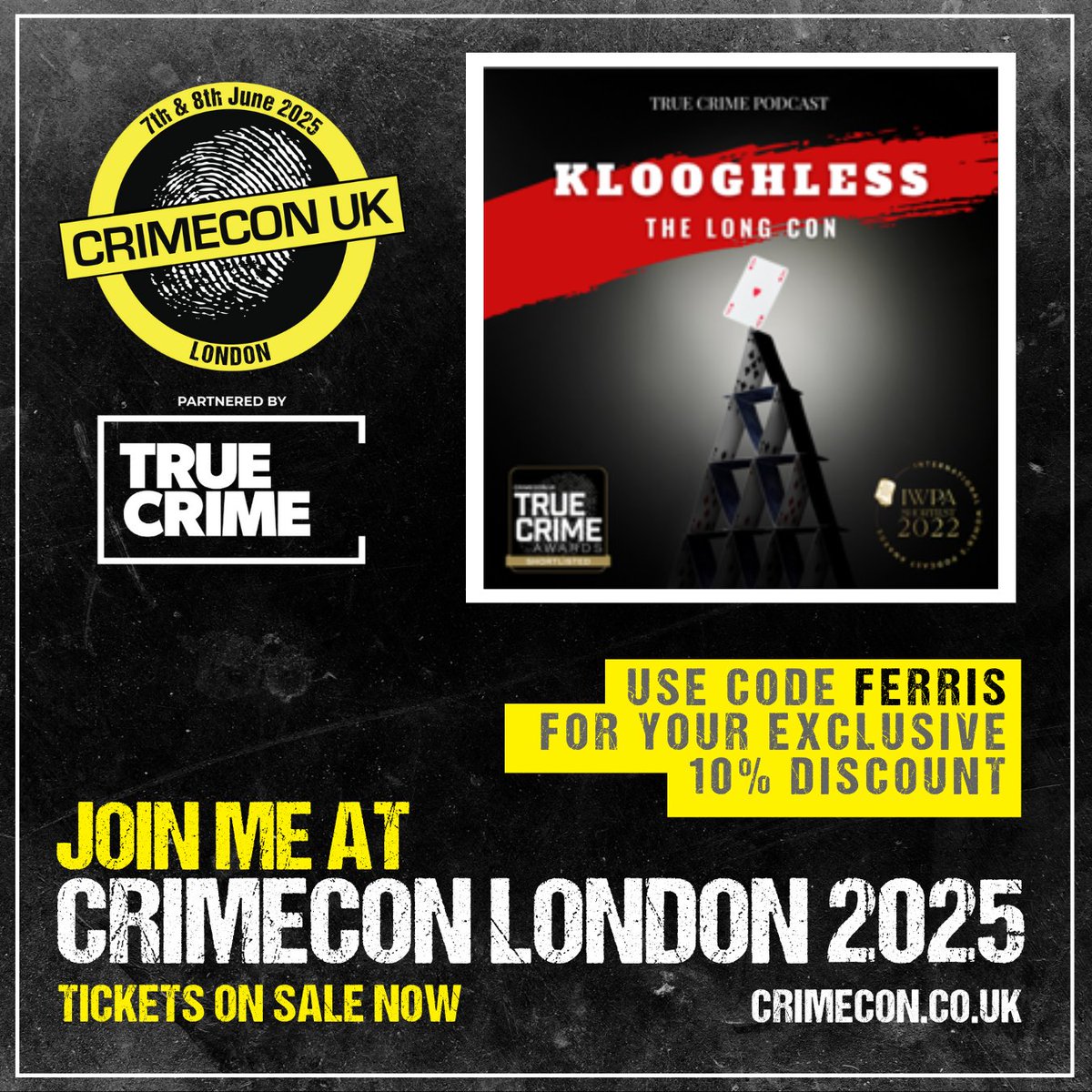 CrimeCon London 2025 is coming June 7-8! Don’t miss the ULTIMATE true crime event, packed with experts, advocates, and changemakers. Use code FERRIS for 10% off tickets at CrimeCon.co.uk. See you there! 🔍 #CrimeConUK #TrueCrime #Advocacy #JusticeMatters <a href="/crimecon_uk/">CrimeCon UK</a>