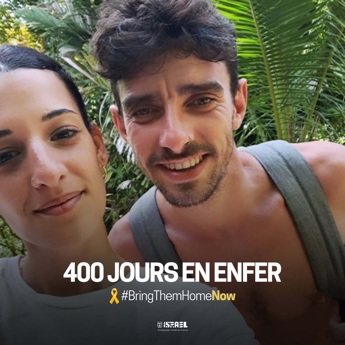 IsraelenFrance's tweet photo. 400 jours.
400 jours d'angoisse, d'incertitude, de nuits sans sommeil pour les familles de 101 otages israéliens.
Pour tout Israël.
400 jours sous le joug de terroristes, de barbares islamistes, de violeurs.
📸 Arbel Yehud & Ariel Cunio, kidnappés le 7 octobre au Kibbutz Nir Oz avec une partie de leur famille par les terroristes du Hamas à Gaza.
Nous refusons qu'ils soient oubliés.
Nous refusons de les abandonner.
Ils sont 101, depuis 400 jours.
#BringThemHomeNow ! 🎗️