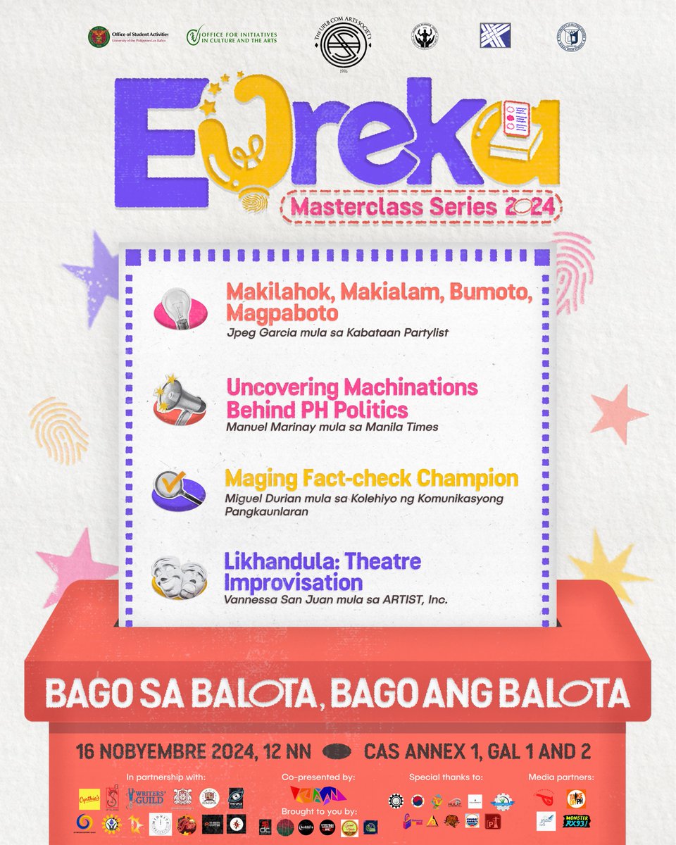 Sandali! Bago mo ihulog ang balota!

Ang UPLB Com Arts Society ay nagbabalik upang mamahagi ng pagkakataong makinig sa tinig, usisain ang mga titik, at maging parte ng mga pagtatanghal ngayong ika-16 ng Nobyembre sa Eureka Masterclass Series 2024: Bago Sa Balota, Bago Ang Balota!