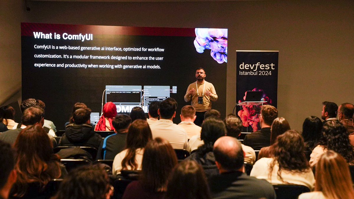 teknasyon's tweet photo. Teknasyon Engineering Manager/AI Emre Koç “Build Generative AI Applications with ComfyUI” konulu sunumunu gerçekleştiriyor.
#dfist24 @GDGIstanbul https://t.co/kxvhD9T4JS