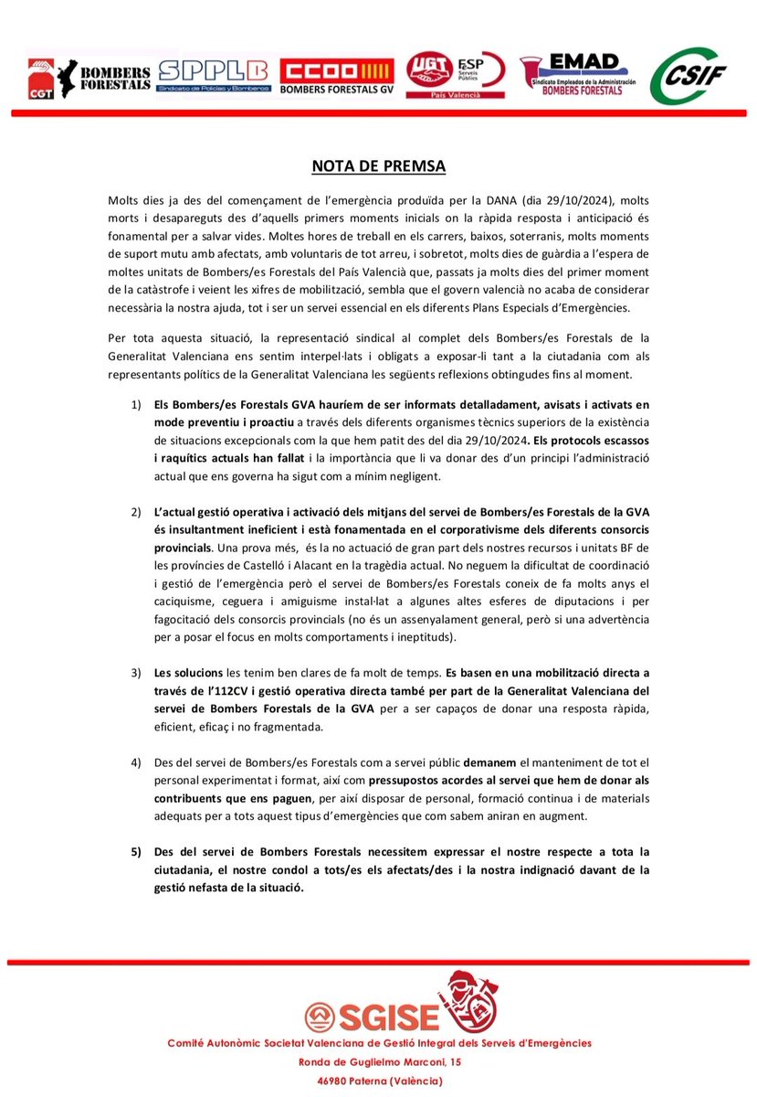 El 100% de la representació del servei de Bombers Forestals del PV volem posar blanc sobre negre en el q hem viscut com a professionals de l'emergència. UNA VERGONYA.
Nosaltres continuarem treballant i ajudant a la gent però la situació és insostenible operativament.