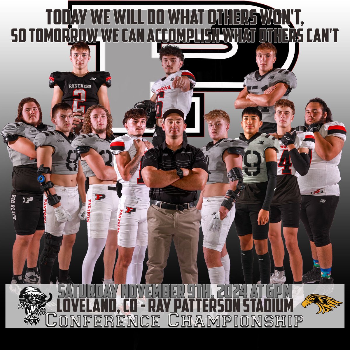 Saturday Gameday!! Conference Title on the line!! Train Don’t Stop!! 🚂🐾⚫️⚪️🏴‍☠️   #BringIt #PantherBall24 #Conquer