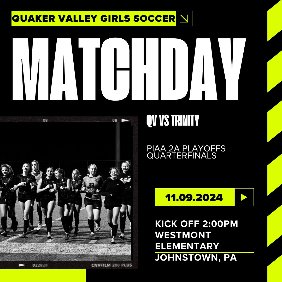 🖤⚽️💛 GAME DAY 💛⚽️🖤

QV Girls head to Johnstown, PA for our match up against Trinity (Camp Hill)!

📍Price Field, Westmont Elementary
🆚 District 3 Runner Up - Trinity 
⏰ 2:00pm
*️⃣ PIAA 2A Quarterfinals