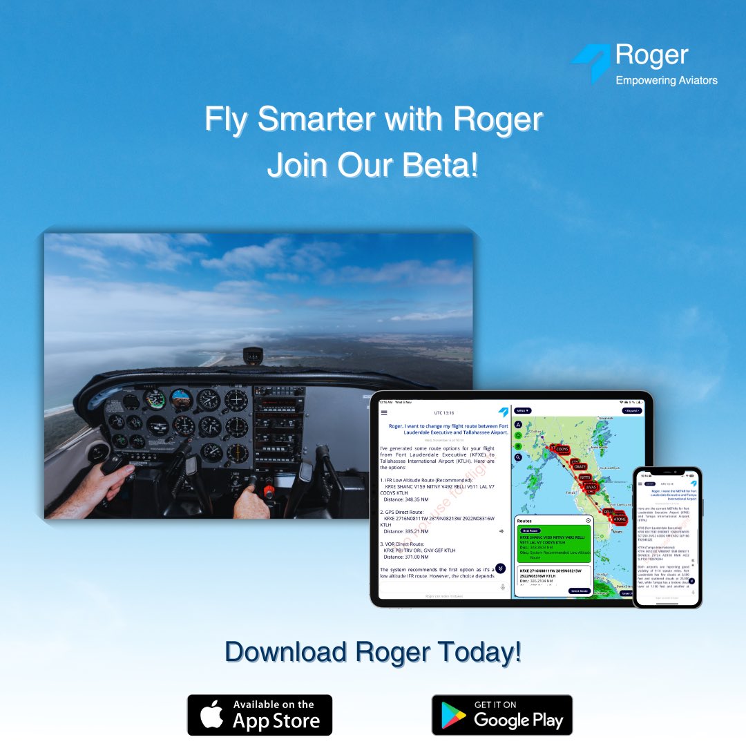 🛫 Calling All Pilots! Join the Roger Beta!
Roger is your intelligent co-pilot, ready to help you plan smarter, and answer your questions—all in real-time. #aviation #aiplane #Pilot #airshow