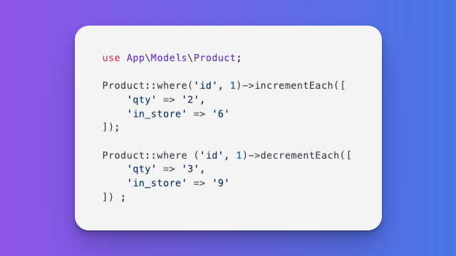 laravelbackpack's tweet photo. #Laravel Tip

Did you know about... incrementEach() and decrementEach() methods to increment and decrement multiple columns with a single query.👇 https://t.co/QwDbtMGYqO