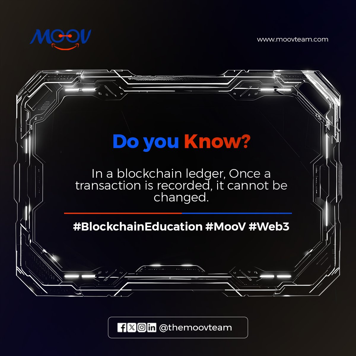 TheMoovTeam's tweet photo. I know they say change is constant but on the Blockchain, a transaction can't be altered
It remains that way till infinity
#blockchainfunfacts #MooV #Web3 https://t.co/JpOxs2a6co