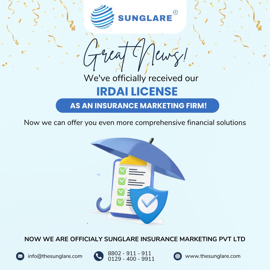 Big News Alert! 🤩

We’re thrilled to announce that we are now officially licensed by the IRDAI as an Insurance Marketing Firm! Now we are officially Sunglare Insurance Marketing Pvt Ltd. 🎖️ 

This milestone brings us one step closer to empowering you with the best in insurance