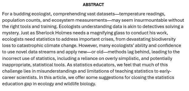 Chris Sutherland (@chrissuthy) on Twitter photo Here are some thoughts on teaching #statistics to non-statistical students, specifically those in #applied #ecology degrees. Thanks to <a href="/willpkay/">Dr William Kay (he/him)</a> and <a href="/TiagoALOMarques/">Tiago André Marques</a> for an enjoyable (and not last) collaboration.
request pdf here 👉tinyurl.com/33keh22s Here are some thoughts on teaching #statistics to non-statistical students, specifically those in #applied #ecology degrees. Thanks to <a href="/willpkay/">Dr William Kay (he/him)</a> and <a href="/TiagoALOMarques/">Tiago André Marques</a> for an enjoyable (and not last) collaboration.
request pdf here 👉tinyurl.com/33keh22s