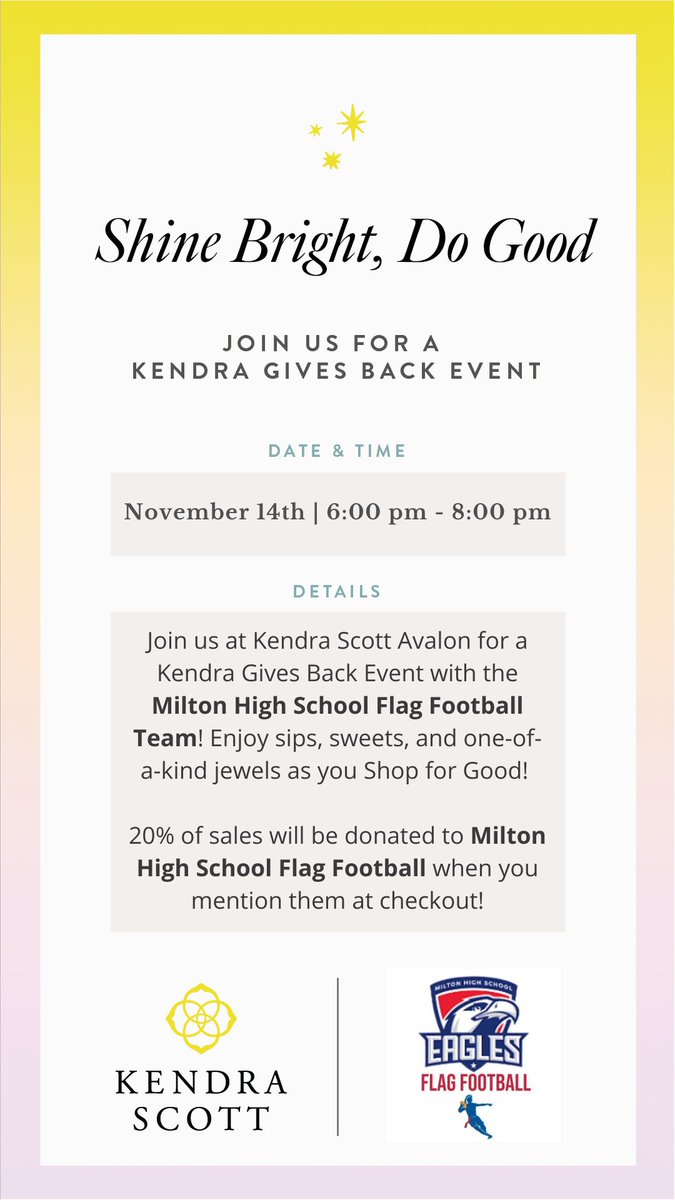 Milton High School Flag Football (@miltonflag) on Twitter photo THIS Thursday we are having an event to help raise funds for the team: new uniforms, banquet, and more. Please share this with your friends and family and neighborhoods.  If you canβt make it, you can still order online with the code. Time to start holiday shopping!!!! THIS Thursday we are having an event to help raise funds for the team: new uniforms, banquet, and more. Please share this with your friends and family and neighborhoods.  If you canβt make it, you can still order online with the code. Time to start holiday shopping!!!!