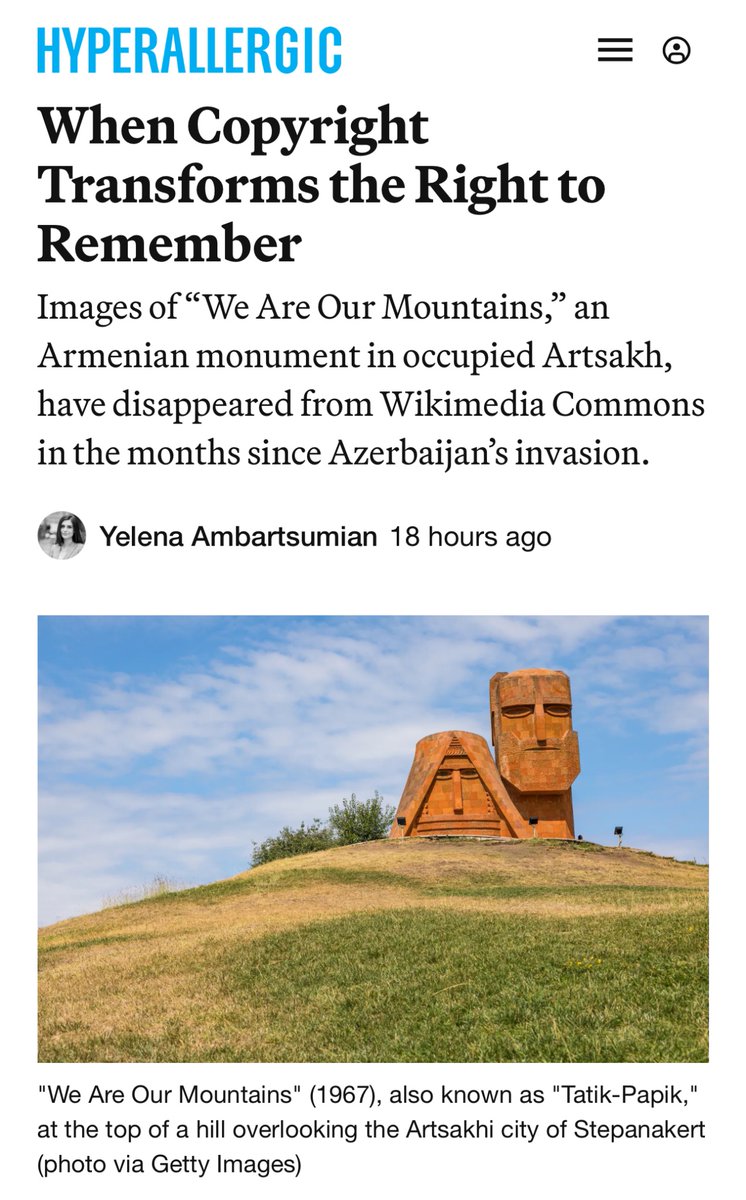 Azerbaijan is now using copyright laws to remove Wikimedia images of the iconic Armenian statue of Stepanakert hyperallergic.com/964746/when-co…