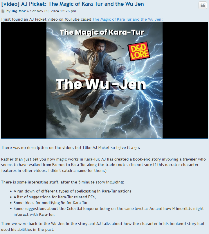 ThePiazzaForum's tweet photo. Kara-Tur fans: @AJPickett1 has put up a lore video: The Magic of Kara Tur and the Wu Jen?:
https://t.co/Aj4NcKY5cP
Take a look and let us know what parts of the video you find most useful.
#KaraTur https://t.co/sWLh2YjqnP