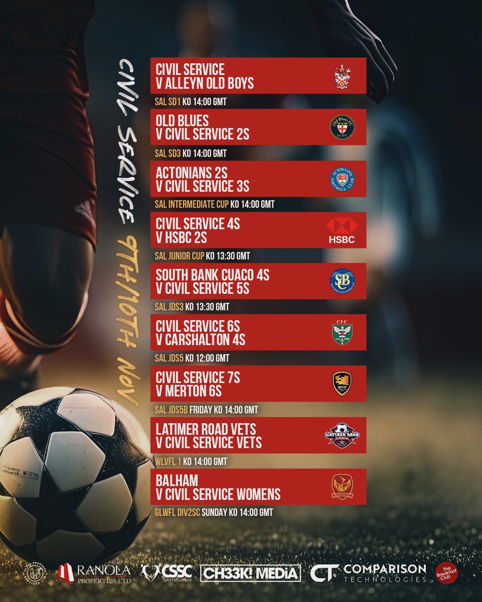 csfc1863's tweet photo. Weekend fixtures ⚽️🔴
First XI v @AlleynOldBoysFC
2s v @OldBluesFC
3s v @ActoniansAFC 2s
4s v @midfield1900 2s
5s v @SouthBankCuaco 4s
6s v @CarshaltonFC 4s
7s v @MertonFC1910 6s
Vets v @Latimerroadvets
@CsfcWomen v @BalhamFC
#forzacivil Good luck to all https://t.co/SQSQRWVpEX
