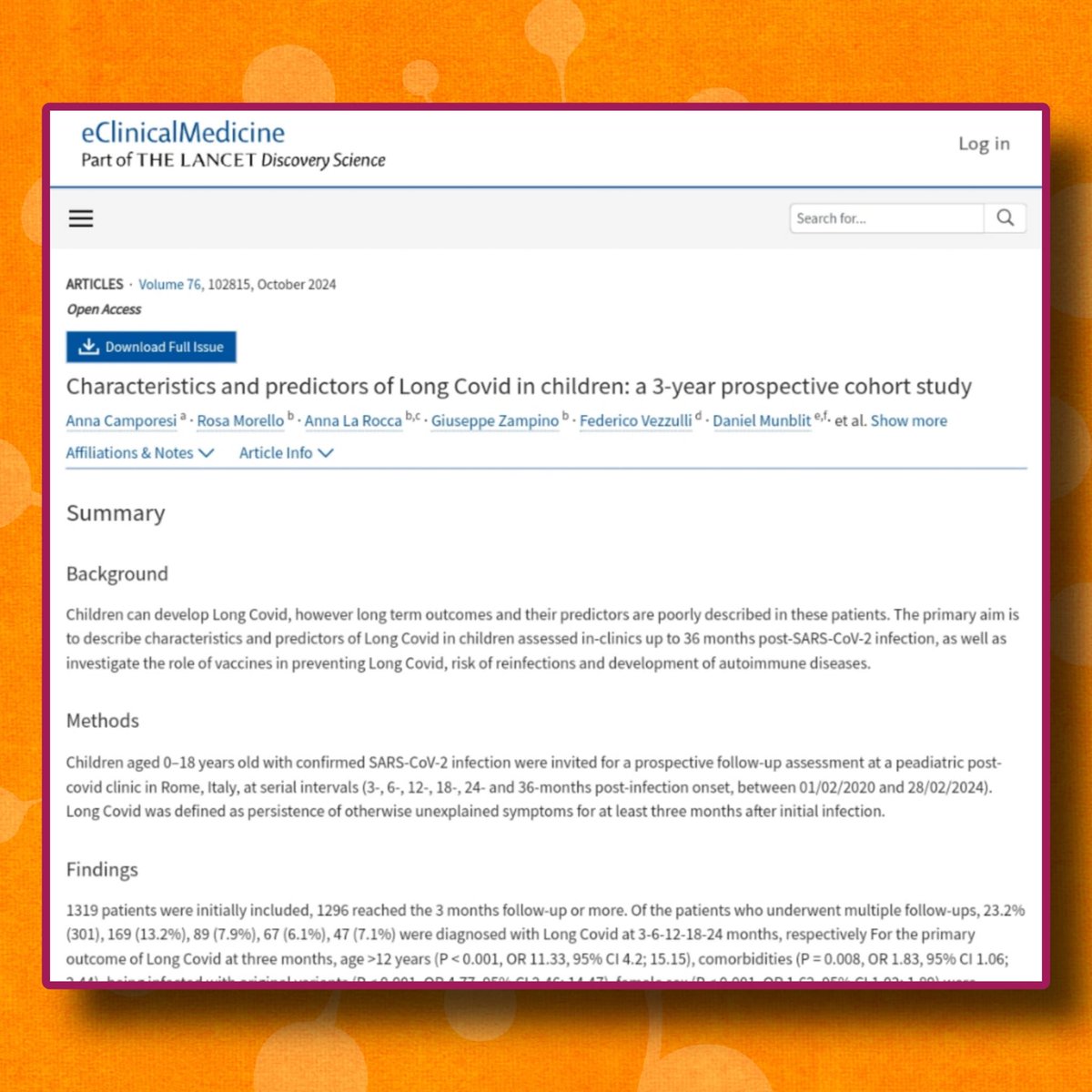 🧵 Étude sur le Covid Long chez les enfants :

Une étude italienne de 3 ans sur 1 319 enfants atteints de Covid révèle les impacts à long terme du #CovidLong et ses facteurs de risque.

🔗 thelancet.com/journals/eclin…
