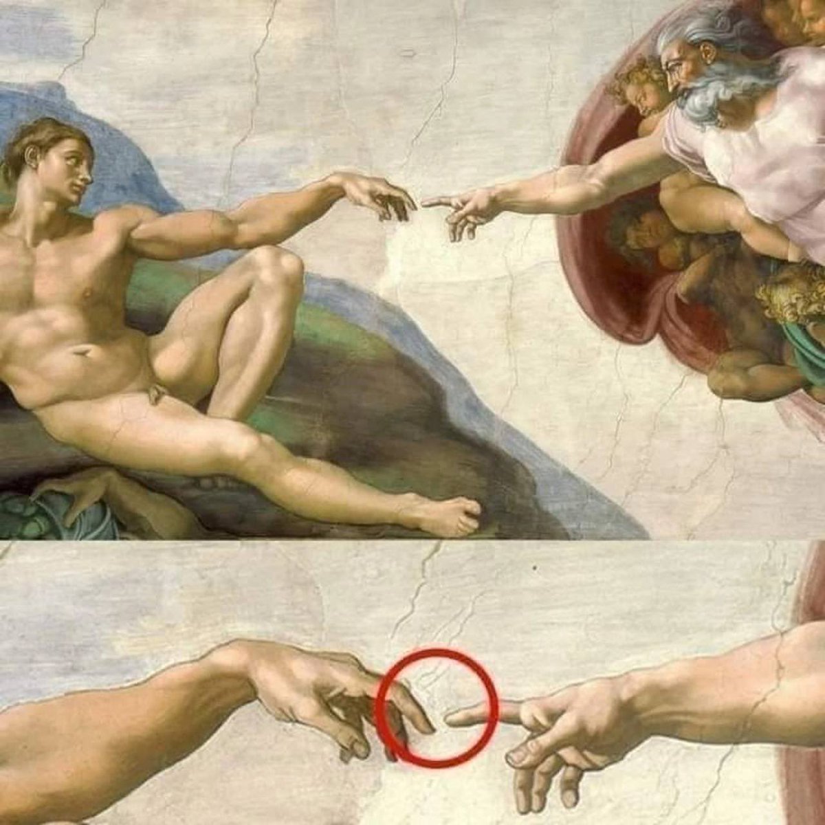 <a href="/historyinmemes/">Historic Vids</a> Do you know why the fingers of God and Adam do not touch in Michelangelo's famous work of art on the ceiling of the Sistine Chapel?   In the painting, God's finger is extended to its maximum, but Adam's finger is with the last shortened phalanx.  The point of the painting is to