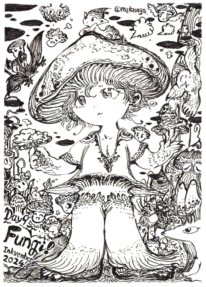 makasaga's tweet photo. ペン画インクベンバー9日目~🍄💨ブシュー
本日のお題は『キノコ(Fungi)』
「え~茸、茸はいらんかね~吹きたてホヤホヤだよ~♪」って感じのフンギ君ですw
マタンゴと違い、菌を貰うと『ちょっと笑える程度の非常食』が体から生えてくるぞ💖キノコ王国バンザーイ😂
#落書き #ペン画 #inkvember https://t.co/cOSvKjytsA